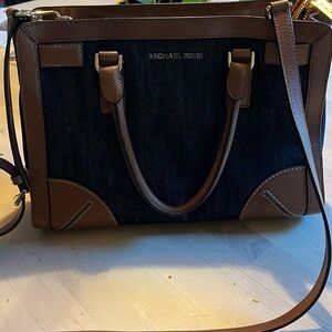 Michael Kors Corner Frame Dillon Satchel Blue Jean Purse. Denim & Brown leather.